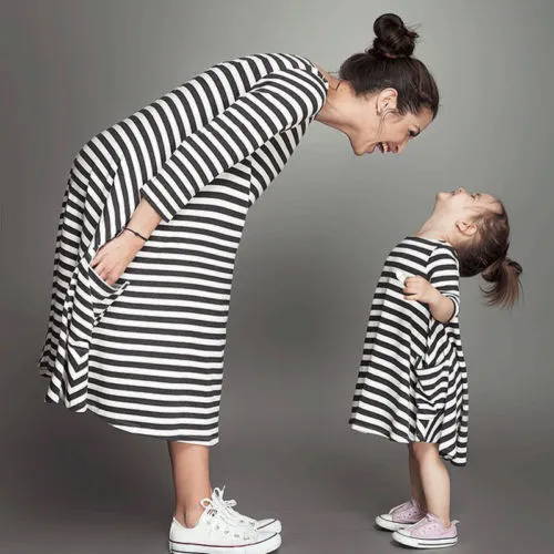 Family Matching Striped Dress, Casual Parent-Child Loose Fit Round Neck Long Sleeve Dress