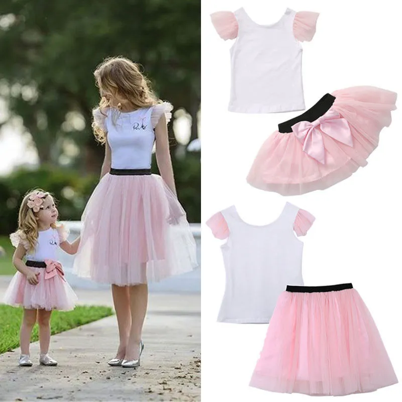 Mother and Daughter Skirt Sleeveless Lace Trim Top Slim Waist Fashionable Puff Skirt Parent Child Set