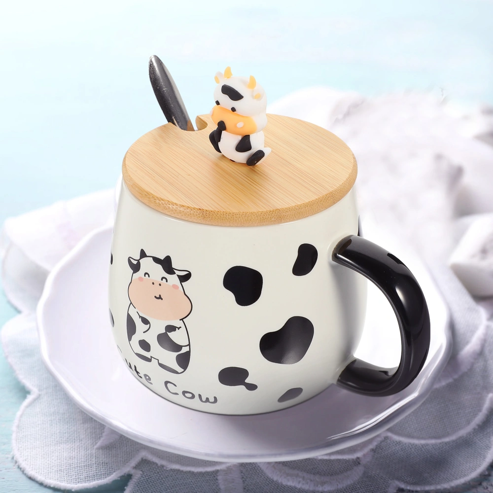 1 Set of Cartoon Milk Mug Lidded Water Mug Ceramic Coffee Mug Wood Lid Water Cup Kids Milk Cup