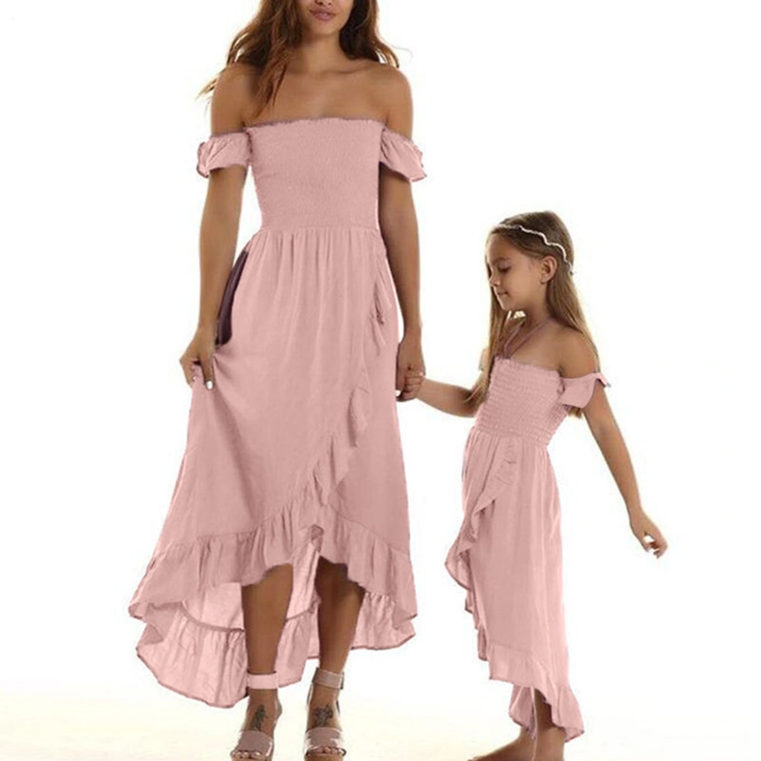 Parent-child Off-shoulder Dress with Ruffled Hem, Sweet Tube Top Style Summer Clothing