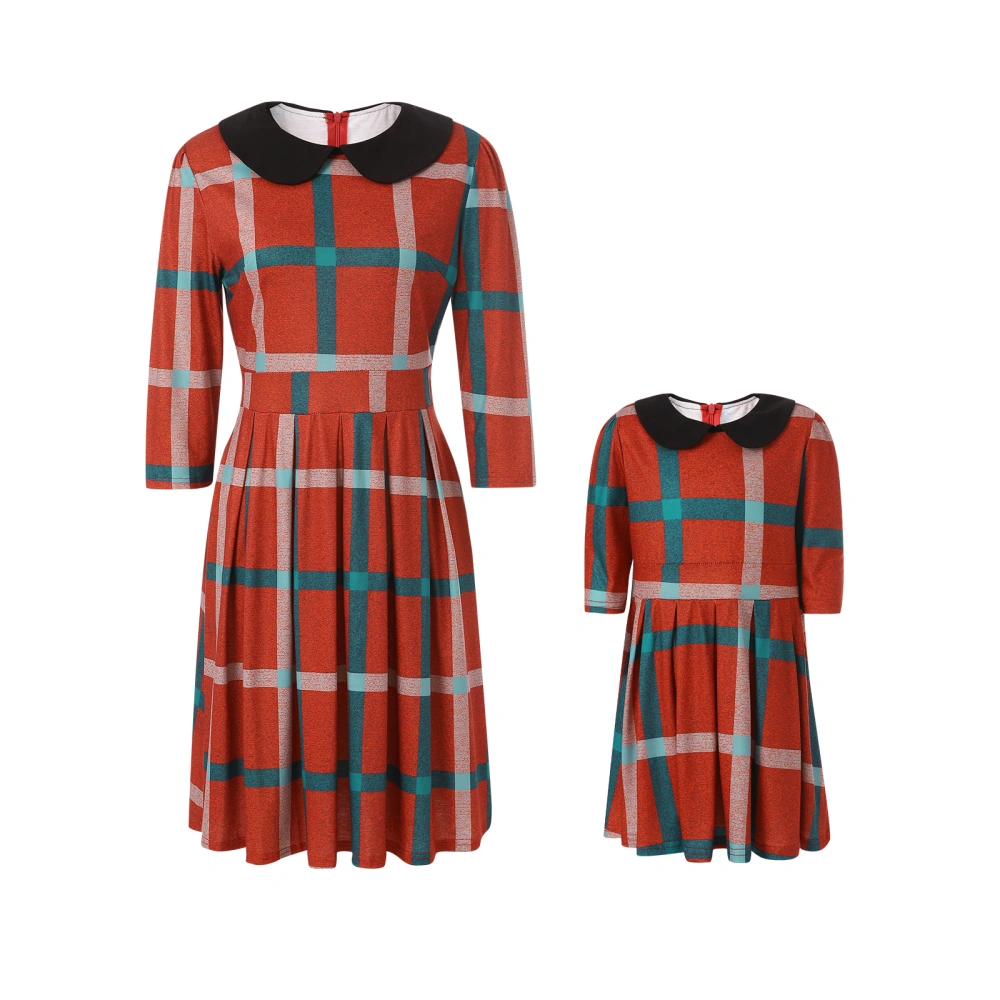 Mother Daughter Dresses Plaid Print Round Neck Elbow Sleeves One-Piece All-Match Retro Fashion Long Skirt