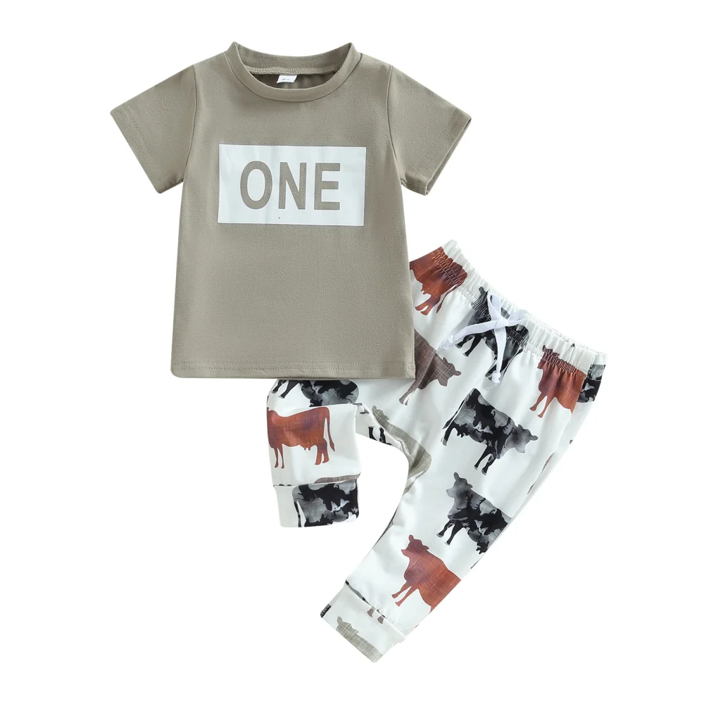 Kid Boy Pants Suit, Casual Party Short Sleeve Round Neck Shirt + Long Bull Print Trousers