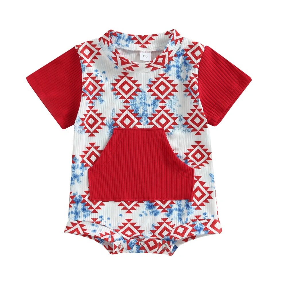 Independence Day Baby Summer Jumpsuit Casual Checkerboard/ Geometric Print Short Sleeve Romper for Toddler Boy Girls