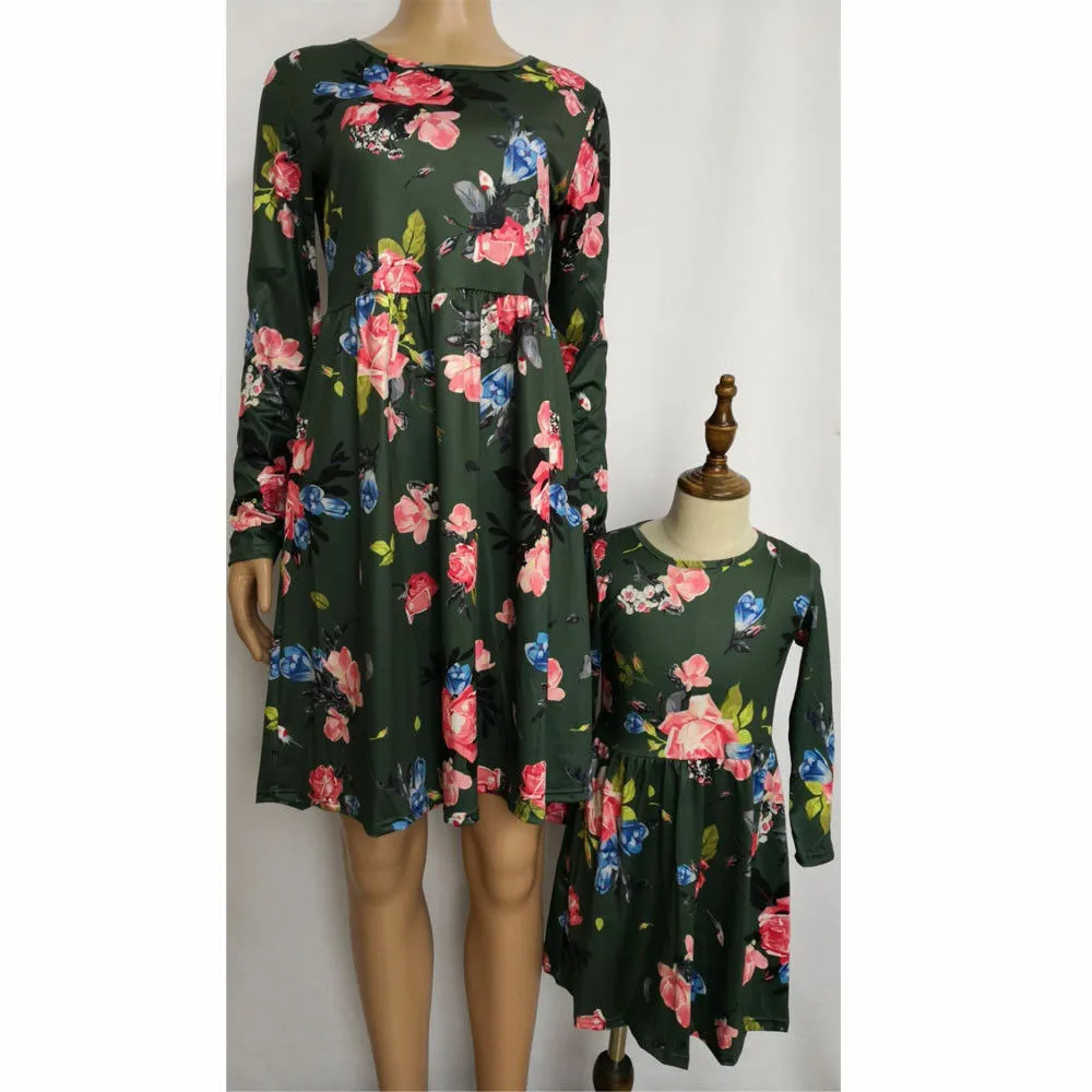 Mother & Daughter Family Matching Clothes, Round Neck Floral Dress, Long Sleeve Elastic Waist Dress