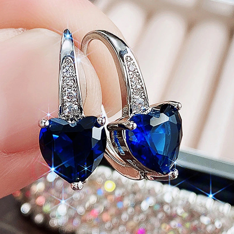 Exquisite Fashion Blue Stone Earrings Birthstone Hoop Earrings Zircon Drop Dangle Earrings for Women Heart Shaped Clip on Earrings Bride Princess Wedding Engagement Earring Anniversary Gift Jewelry