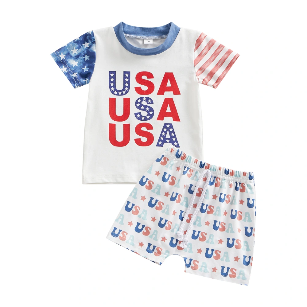 Independence Day Baby Boy Clothes Stars Stripe Letter Print Contrast Color Crew Neck Short Sleeve T-Shirts and Shorts 2Pcs Set