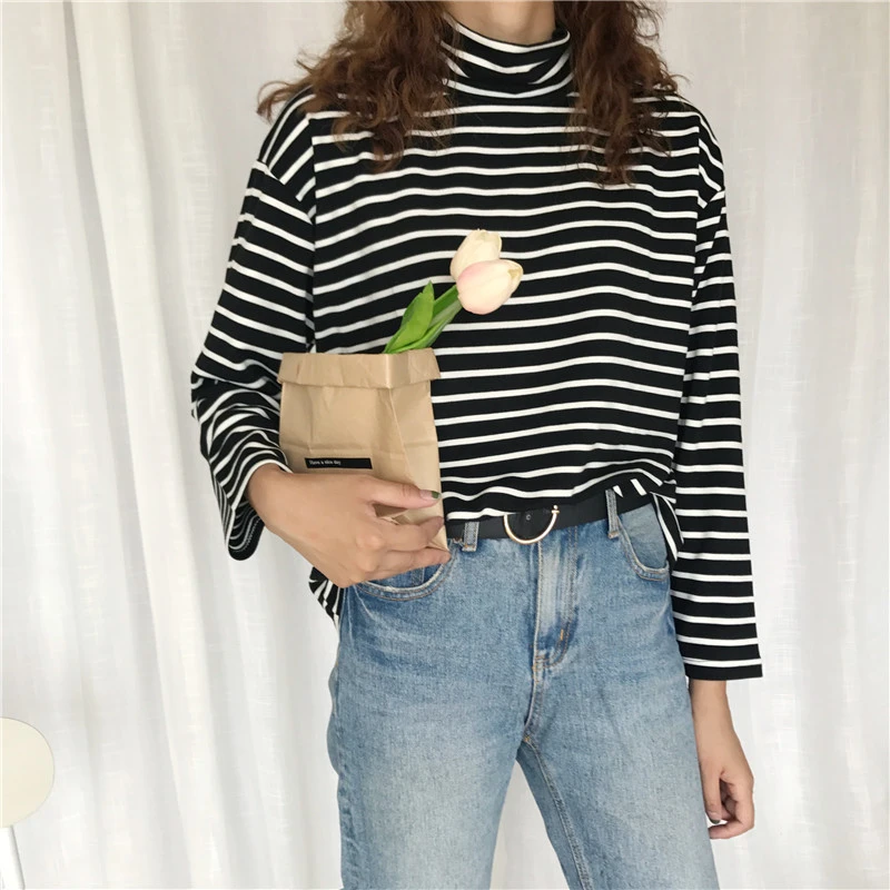 Autumn Casual Fashion Striped Turtleneck Long Sleeve Vintage Pullovers Loose Harajuku Cute Sweater