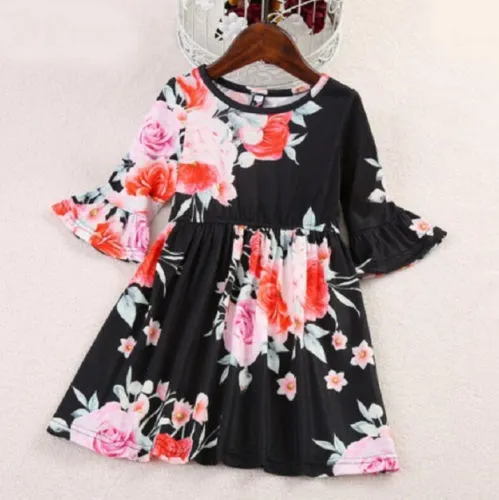 Family Matching Mother Daughter Dress, Floral Long Sleeves Round Neck Girls Outfits