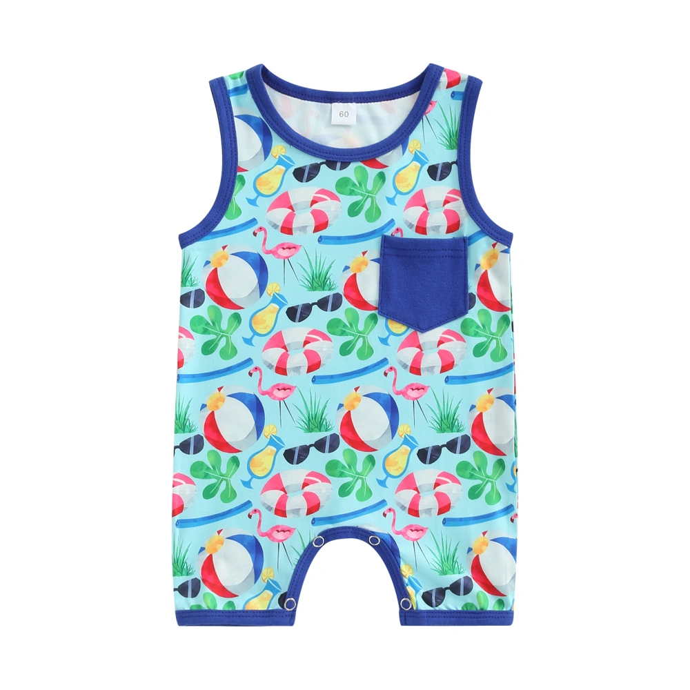 Infant Baby Boys Romper Swim Ring Flamingo Glasses Print Sleeveless Crew Neck Jumpsuits Summer Casual Newborn Bodysuits