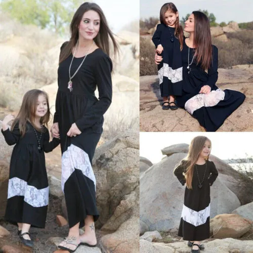 Family Matching Parent-Child Dress, Round Collar Long Sleeve Lace Patchwork One-Piece