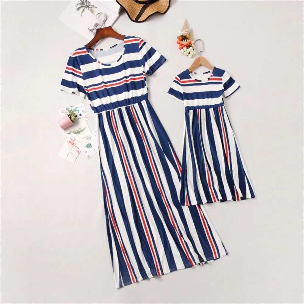 Mother Daughter Matching Long Dress, Short Sleeve Stripe Pattern Printed Round Neck High Waist Dresses, Casual One-Piece Clothes