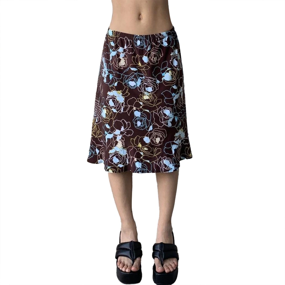 Women's A-line Midi Skirts Vintage Floral Print Elastic Waist Knee Length Skirts Summer Long Skirts