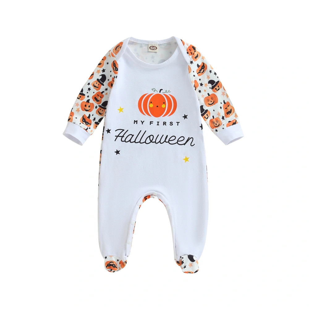 Baby Footies, Long Sleeve Crew Neck Pumpkin Letters Print Jumpsuit Halloween Baby Clothes for Girls Boys