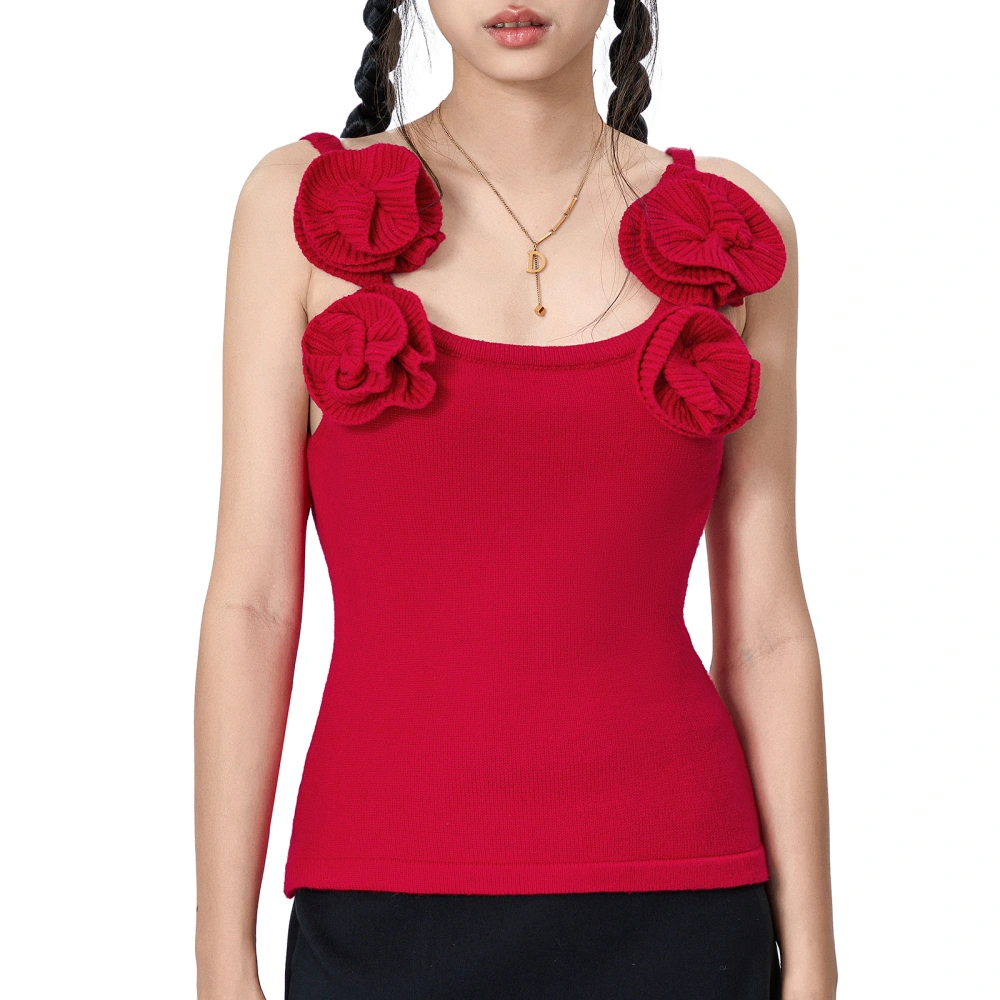 Women's Summer Fitted Tank Tops Red Sleeveless 3D Flower Decor Going Out Tops for Party