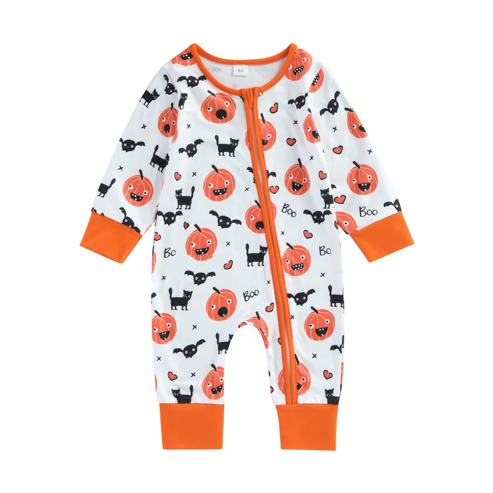 Baby Jumpsuit, Long Sleeve Crew Neck Pumpkin Print Zipped Newborn Romper Halloween Baby Clothes for Girls Boys