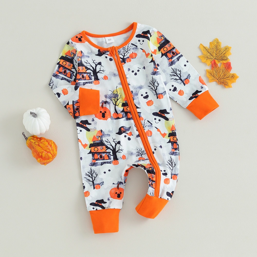 Baby Girls Casual Crewneck Romper Long Sleeve Ghost Pumpkin Print Oblique Zipper Halloween Clothes