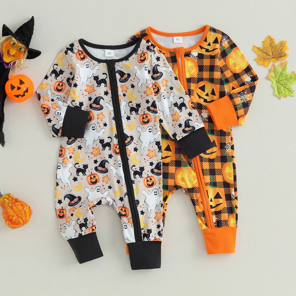 Baby Girl Halloween Romper Long Sleeve Round Neck Cartoon/Plaid Print Bodysuit Fall Outfit