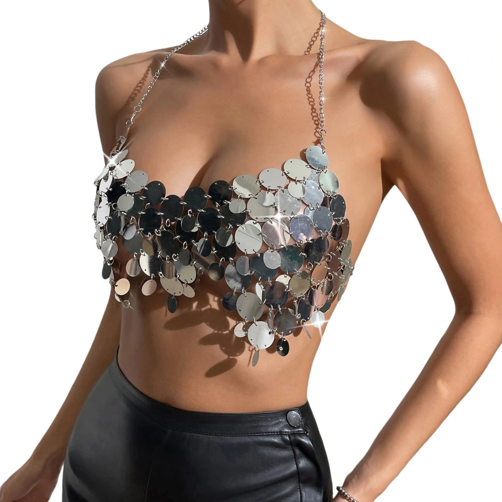 Women&acute;s Fitted Cami Top Silver Sleeveless Halter Neck Sequins Crop Tops Going Out Tops for Party