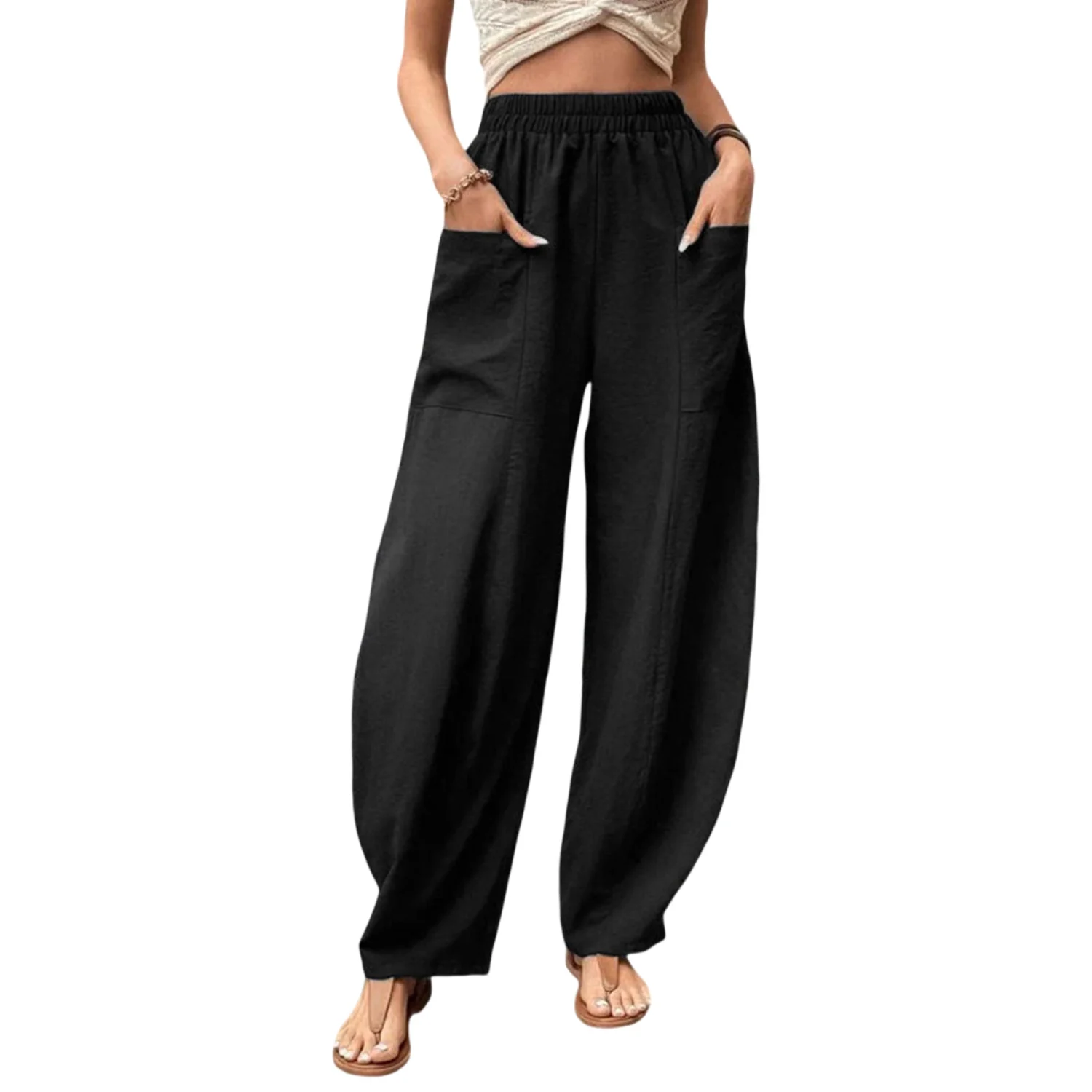 Women Casual Pants Solid Color Loose Elastic Waist Sweatpants Trousers with Pockets for Daily Work Streetwear