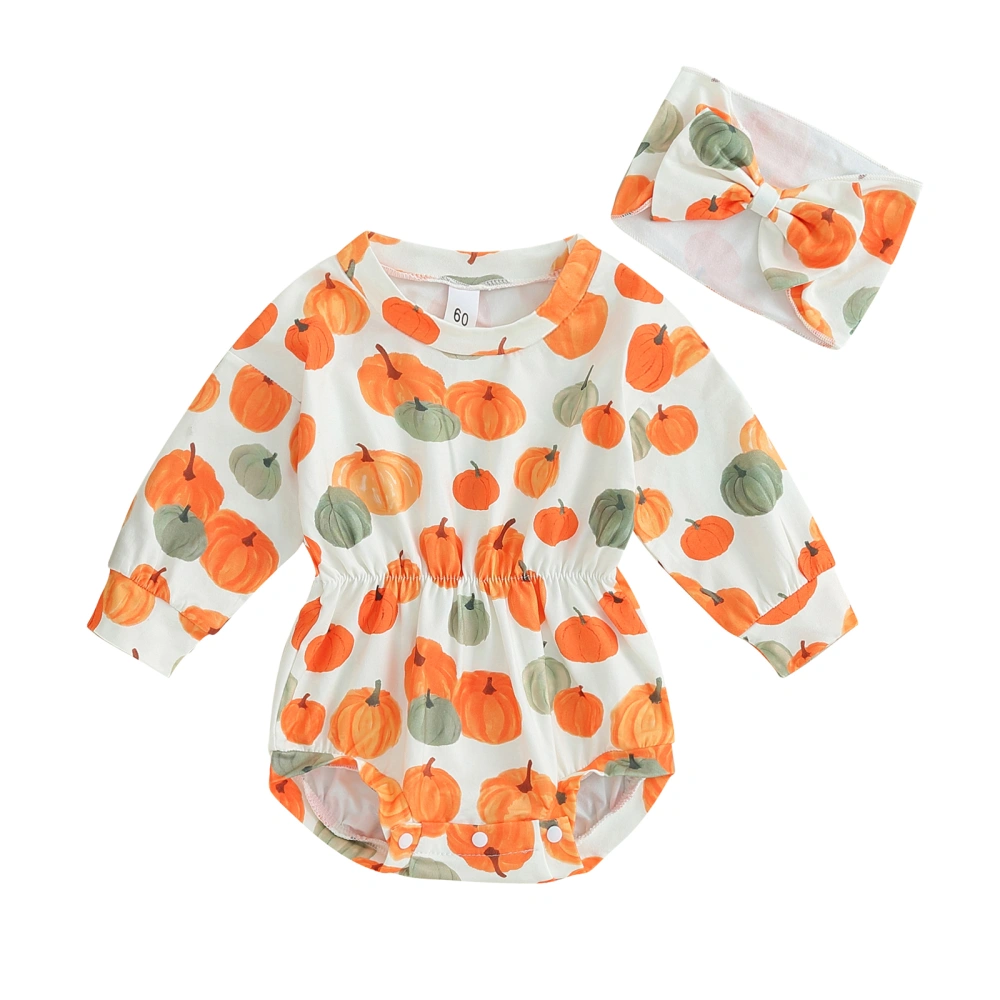 Newborn Girl Outfit, Long Sleeve Crew Neck Pumpkin Print Romper with Hairband Halloween Clothes