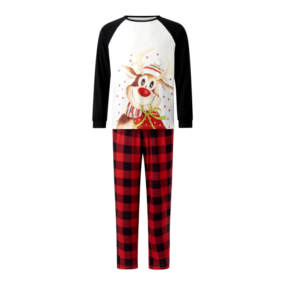 Family Matching Christmas Pajamas, Cartoon Elk Print Long-Sleeved Round Neck Tops + Elastic Waist Plaid Pattern Trousers