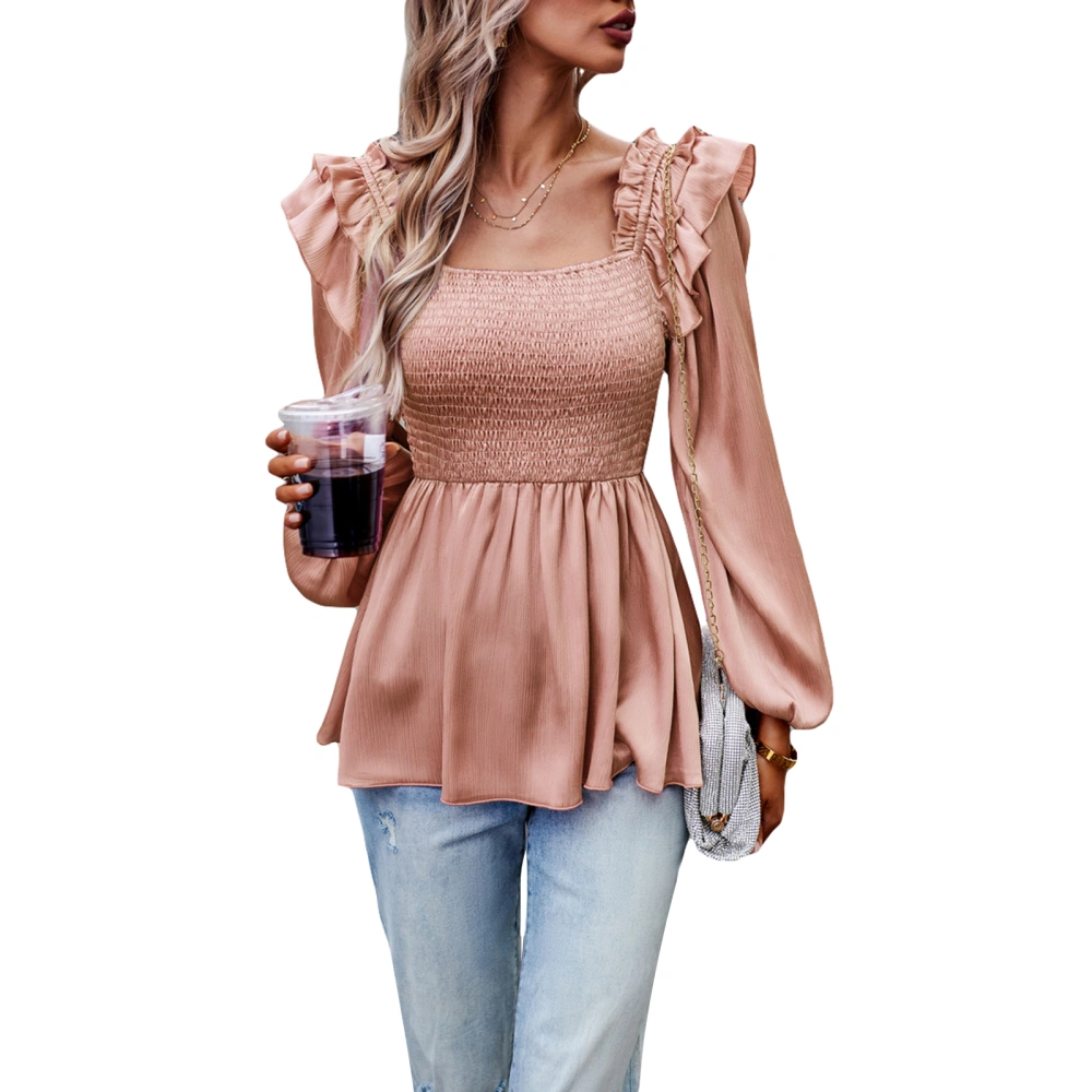 Women's Solid Color Smocked Tops Ruffle Long Sleeve Square Neck T-Shirts Peplum Blouses