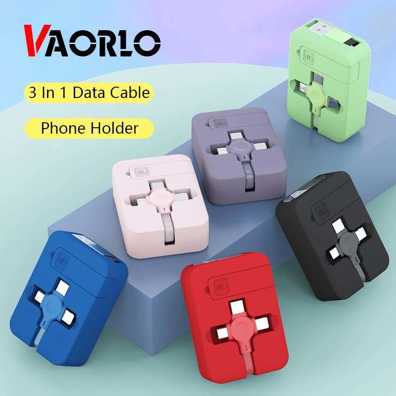 VAORLO 3 In 1 Cable Fast Charging Adjustable Charging Cable Portable Micro&Type-C&Lighting Charging Cable For Iphone Xiaomi Huawei 11pro Data Cable