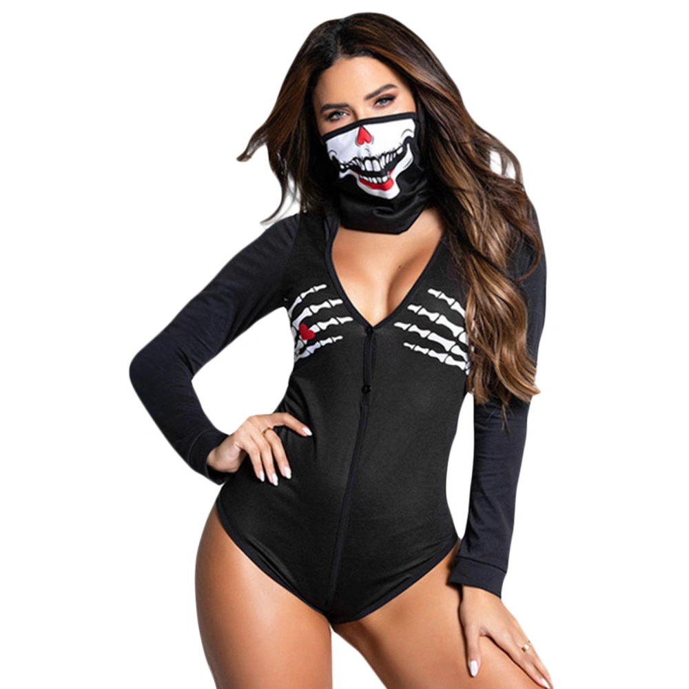 Halloween Skeleton Costume for Women, Deluxe Long Sleeve Button Down Bodysuit with Neck Gaiter