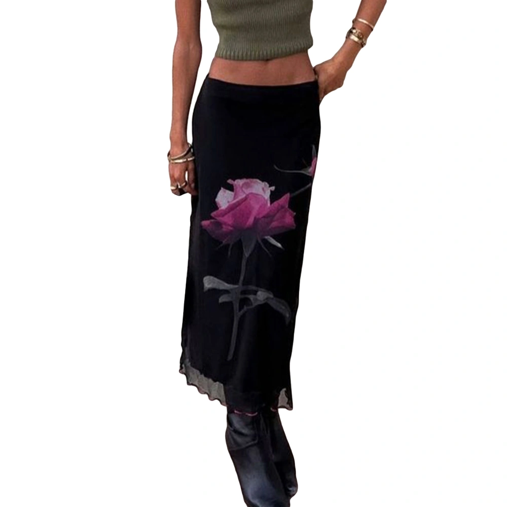 Women Long Skirt, Elegant Low Waisted Skirt Flower Print Summer Skirt for Casual Daily