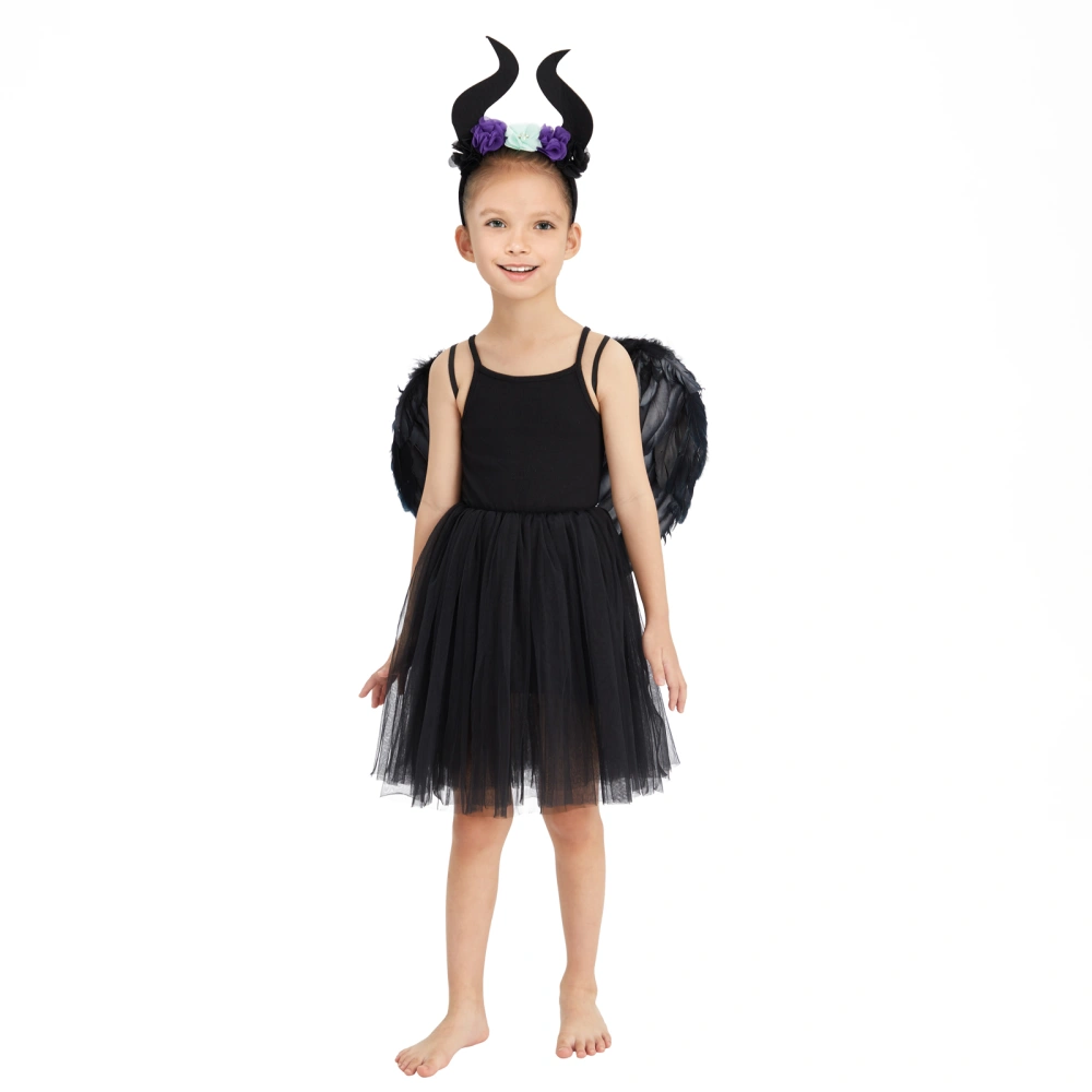 Halloween Girl Angel Costume Lightweight Black Wing and Horn Headband for Kids Role-Playing Party Cosplay Outfit