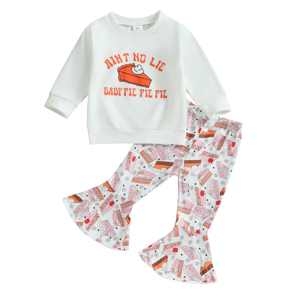 Kid Girls Pants Set, Pie Letters Print Sweatshirt with Pie Print Flare Pants Halloween Clothes