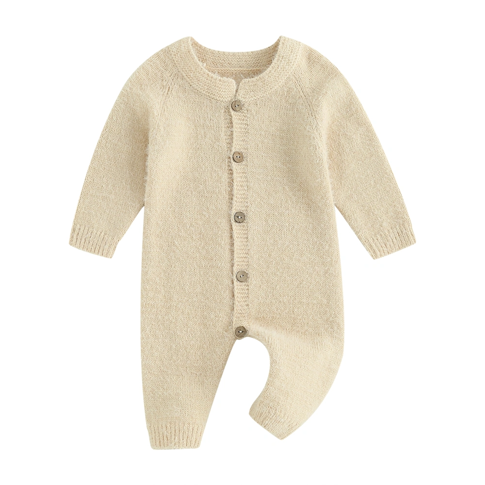 Infant Baby Autumn Knitting Jumpsuit, Solid Color Long Sleeve Round Neck Front Button Romper