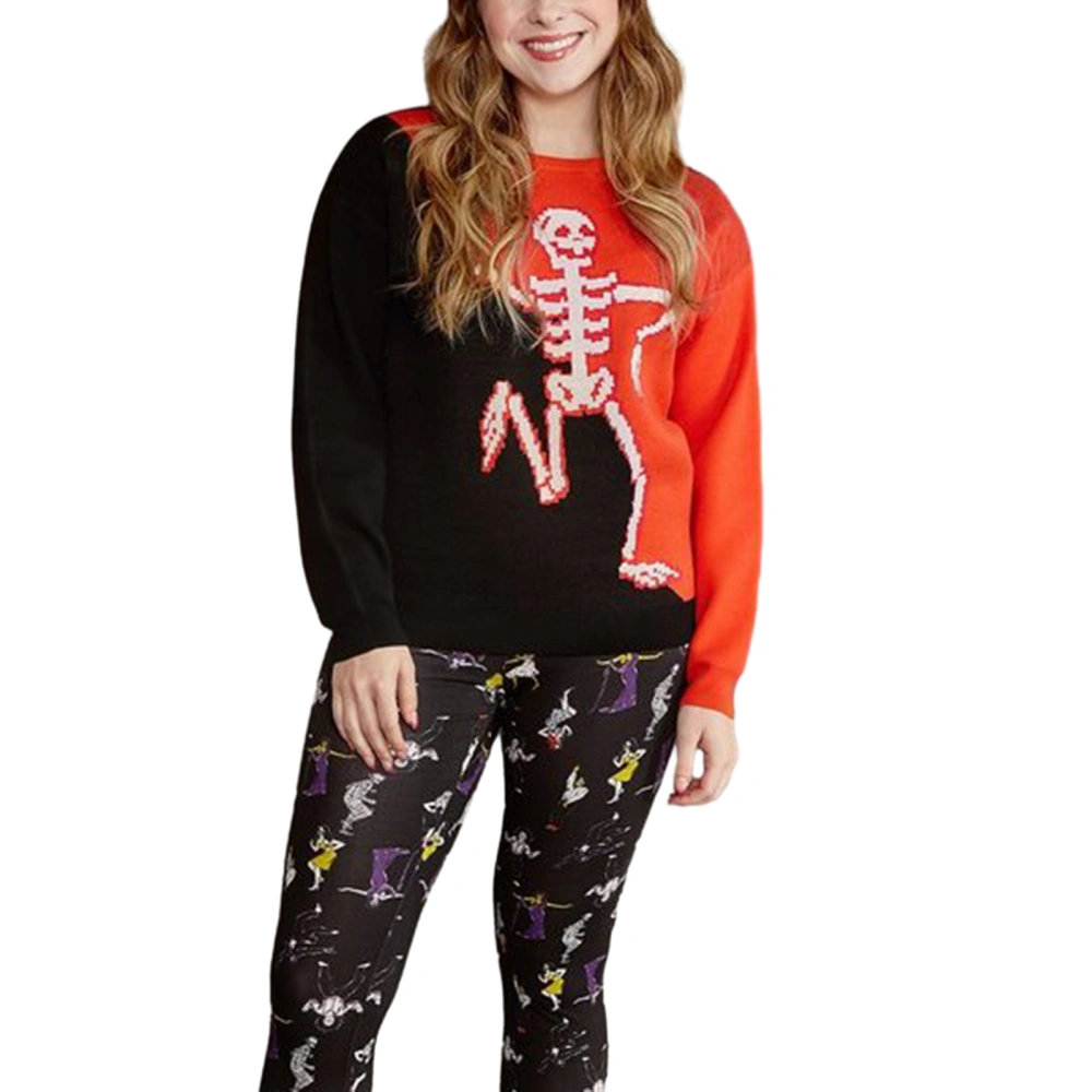 Women’s Halloween Sweatshirts Cute Skeleton Print Long Sleeve Oversized Pullover Tops Contrast Color Sweaters