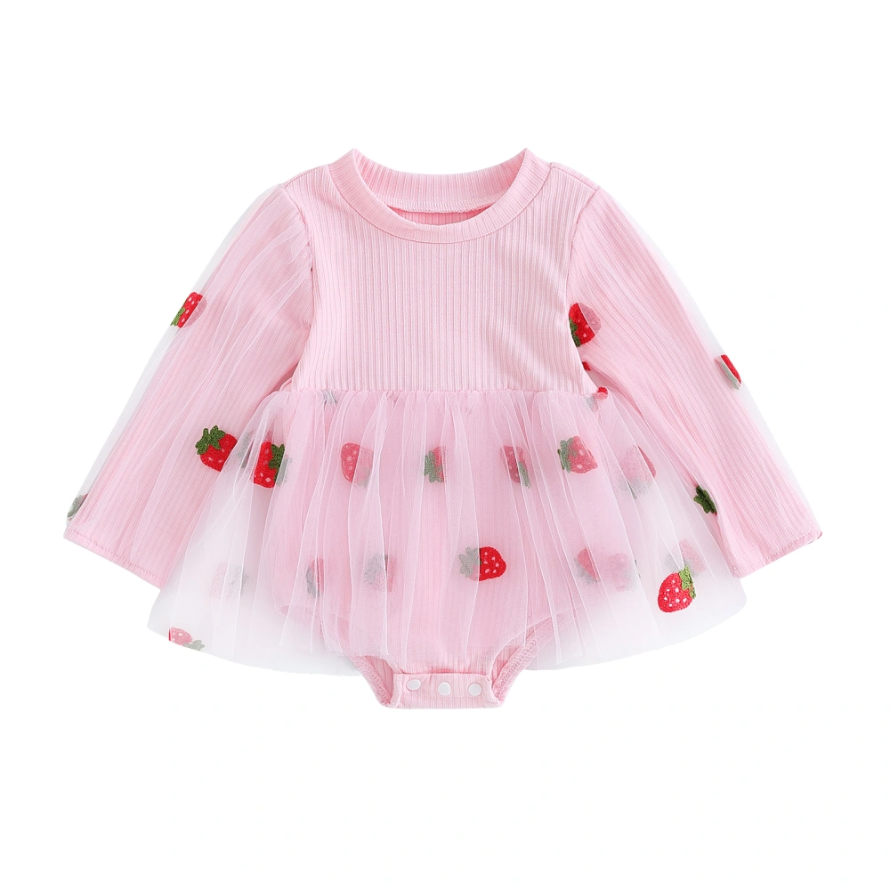 Infant Girl Rompers Strawberry Print Mesh Patchwork Crew Neck Long Sleeve Jumpsuits Newborn Fall Clothes Baby Bodysuits