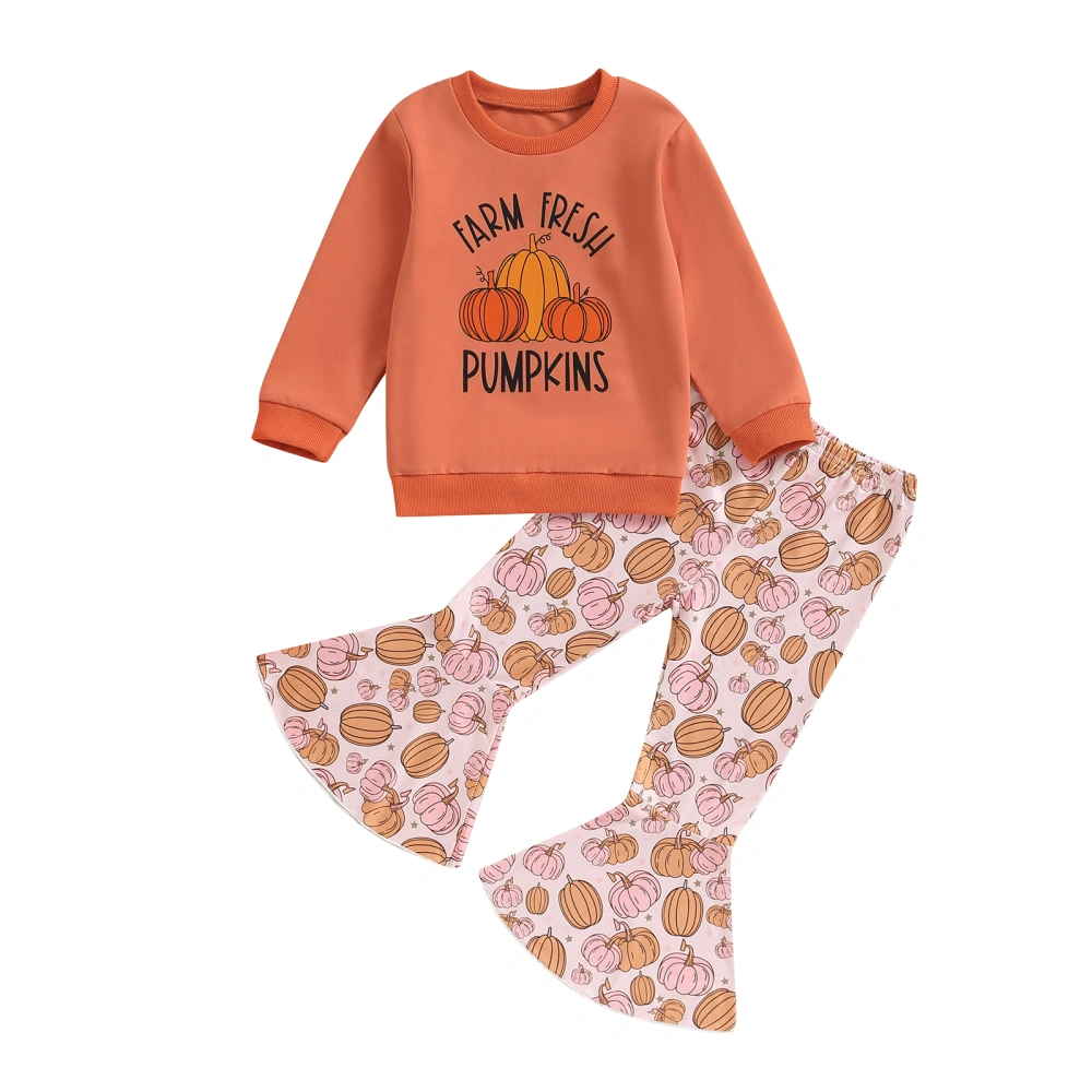 Girls Halloween 2PCS Pants Sets Long Sleeve Letter Print Sweatshirt Pumpkin Print Flared Pants Sets