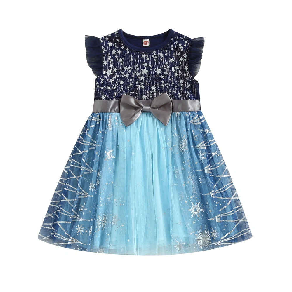 Kid Girl Sweet Princess Dress, Shine Star Snowflake Printed Flying Sleeve Round Neck A-Line Cosplay Dress