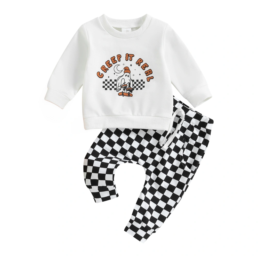 Baby Pants Set, Letters Ghost Print Long Sleeve Crew Neck Sweatshirt with Plaid Sweatpants Halloween Clothes for Girls Boys