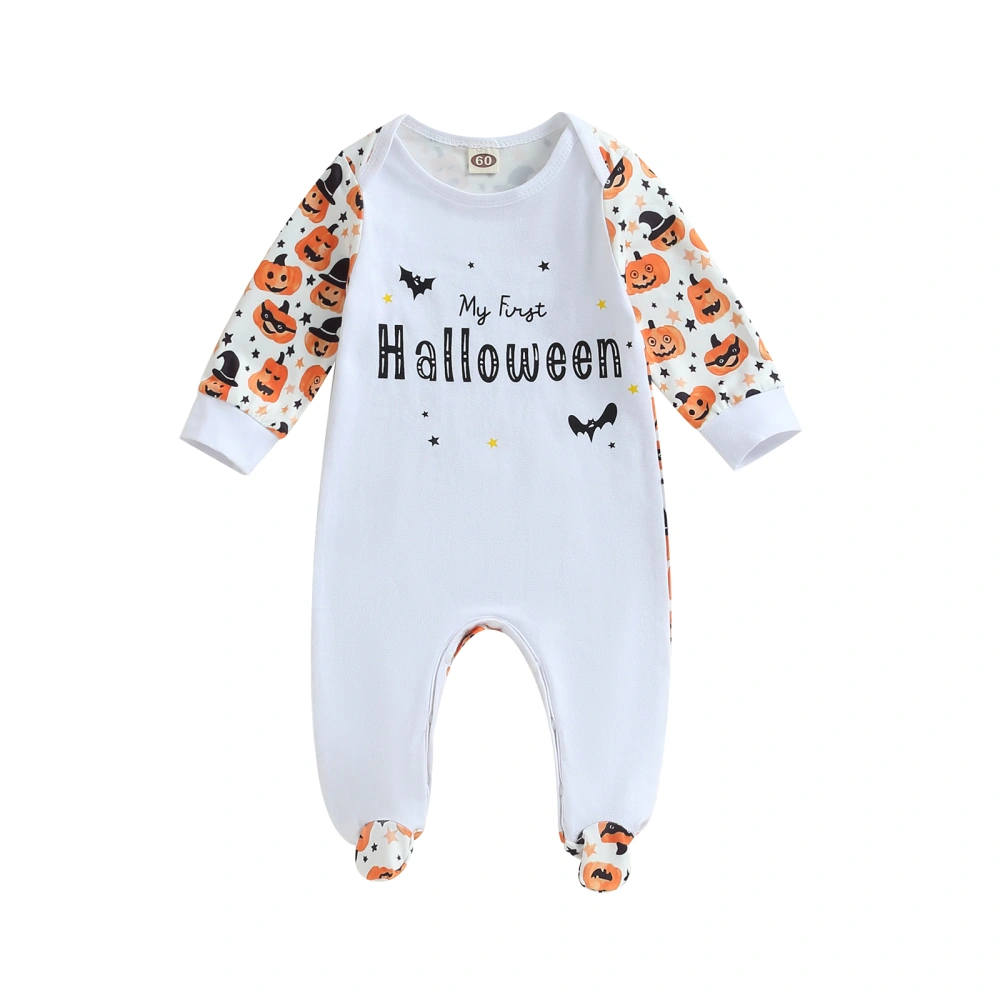 Baby Girls Infant Boys Footies Rompers Halloween Clothes Letter Bat Pumpkin Print Long Sleeve Jumpsuits Fall Bodysuits