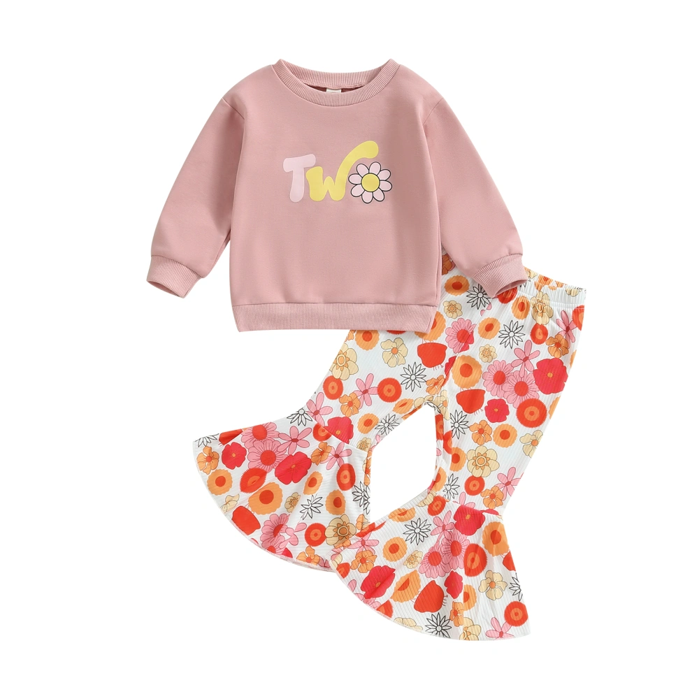 Baby Girls 2PCS Pants Sets Long Sleeve Letter Print Sweatshirt Floral Flared Pants Sets