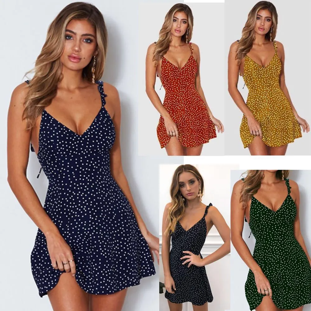 Summer Women's New Fashion Sleeveless Polka Dot V-neck Strap Mini Backless Casual Top Dresses