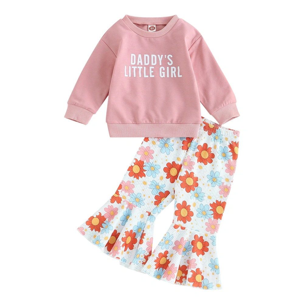 Kid Girls Pants Set, Long Sleeve Letters Print Sweatshirt with Flower Print Flare Pants Clothing Set