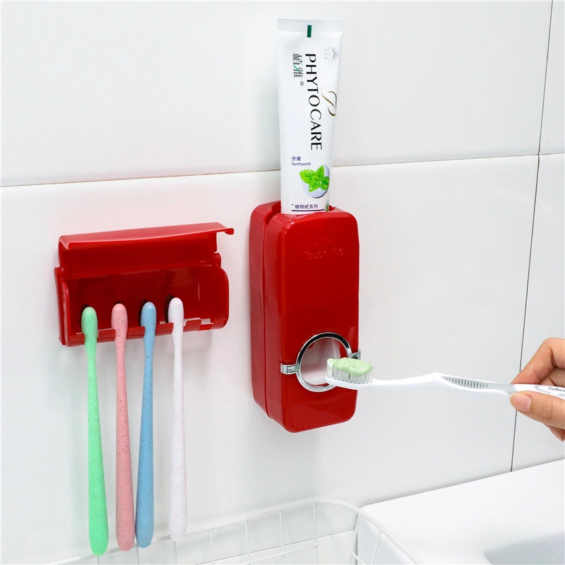 Automatic Auto Toothpaste Dispenser +5 Toothbrush Holder Set Wall Mount wine red and white