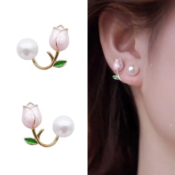 Pink Tulip Earrings Small Fresh Tulip Earrings Design Sense of Personality Before and After Wearing Pearl Earrings Tulip Fragrance