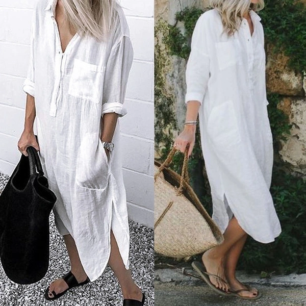 2023 New Women Long Sleeve Button Up Shirt Dress Kaftan Loose Baggy Oversized S-5XL