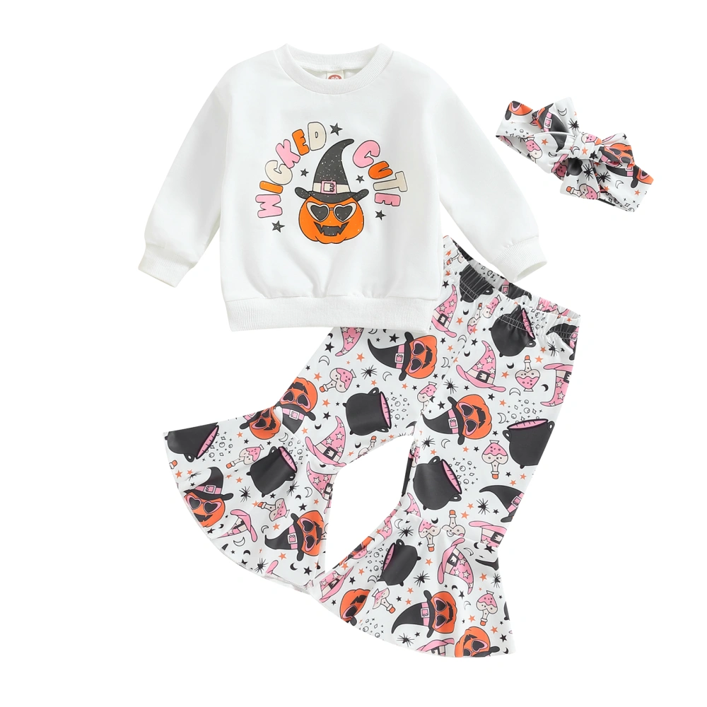 Kid Girls Pants Set, Letters Print Sweatshirt with Pumpkin Print Flare Pants and Headband Halloween Clothes