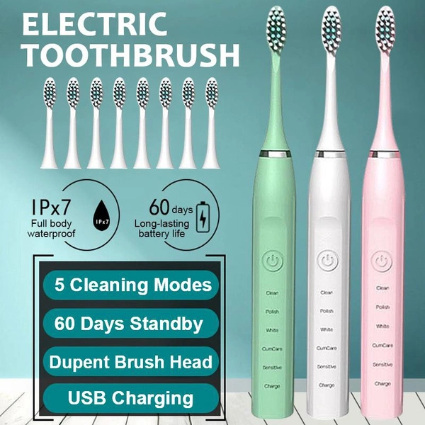 Ultrasonic Sonic Electric Toothbrush Rechargeable Tooth Brushes Washable Electronic Whitening Teeth Brush with Replacement Toothbrush Heads Child/Adult Tooth Brush