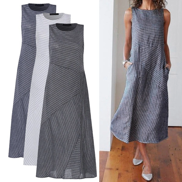 Women Sleeveless Cotton Dress Loose Casual Solid Comfy A Line Dress With Pockets