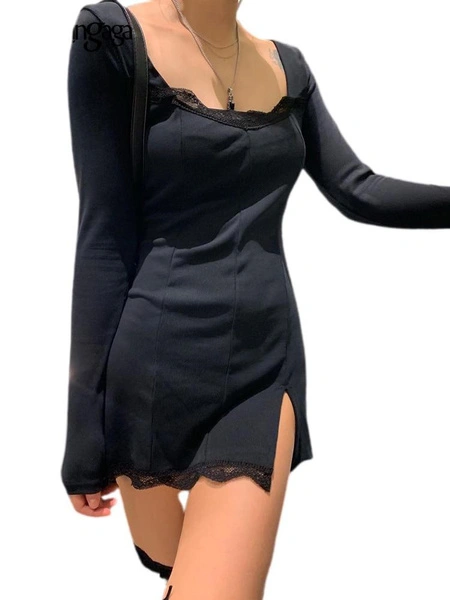 Elegant Black Bodycon Mini Dress with Square Neck, Lace Patchwork and Side Split for Women