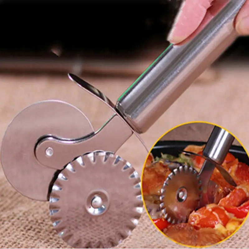 Double Roller Pizza Cutter Pastry Dough Crimper Round Hob Lace Wheel Knife