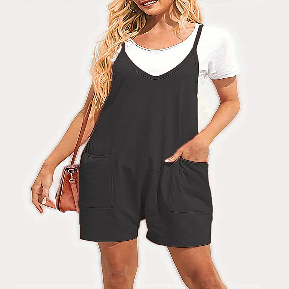 Plus Size Causal Romper, Women's Plus Plain V Neck Medium Stretch Romper With Pockets